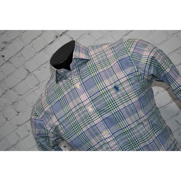 Polo Ralph Lauren Shirt Mens Size Small Slim Fit Dress Blue Pink Plaids Cotton - Picture 1 of 6